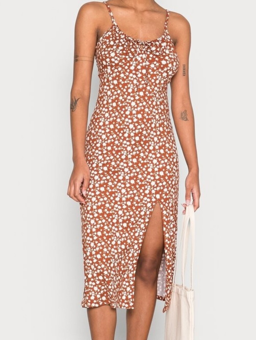Hollister Brown Floral Midi Dress with Side Slit